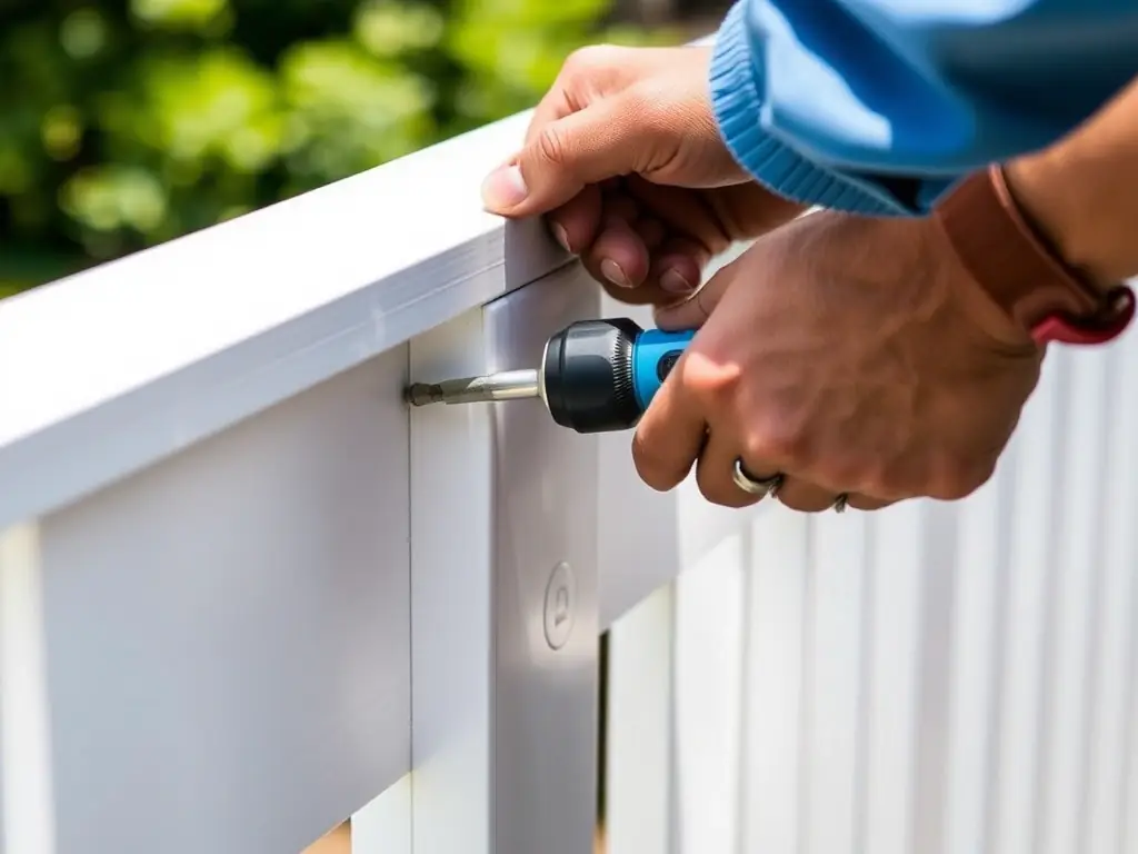 A close-up shot of a skilled technician repairing a section of a vinyl fence, showcasing the attention to detail and quality of workmanship.