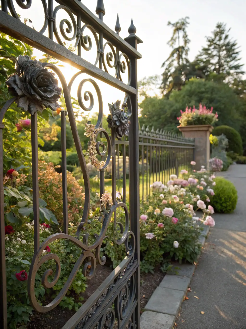 A black ornamental iron fence protecting a business park, showcasing elegance and security.