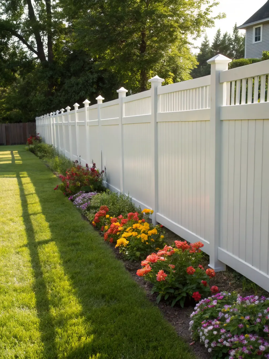 A classic white picket fence surrounding a well-manicured front yard, conveying a sense of traditional American charm and security.