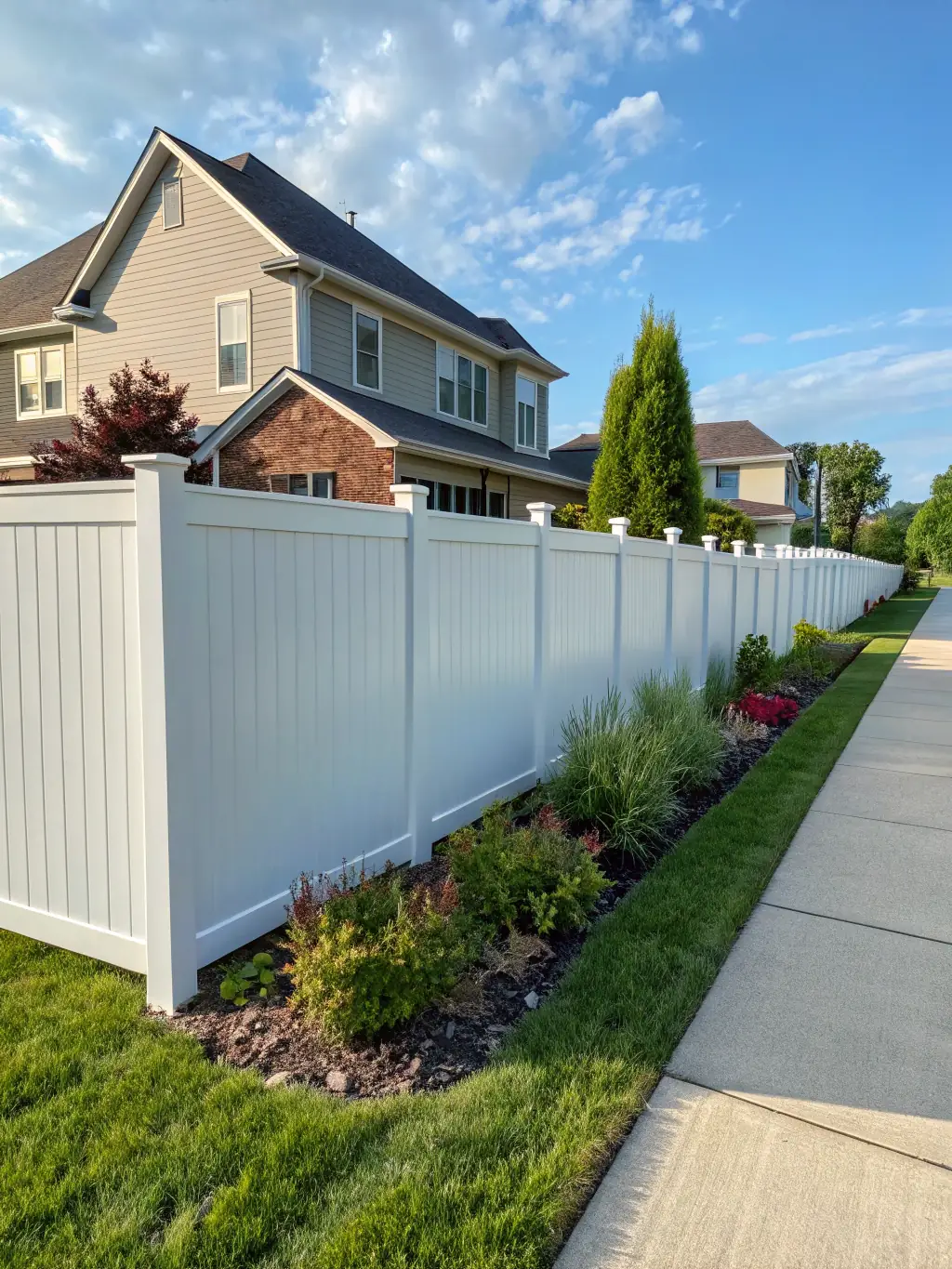 A sleek and modern vinyl fence bordering a contemporary home, offering a clean and low-maintenance fencing solution.