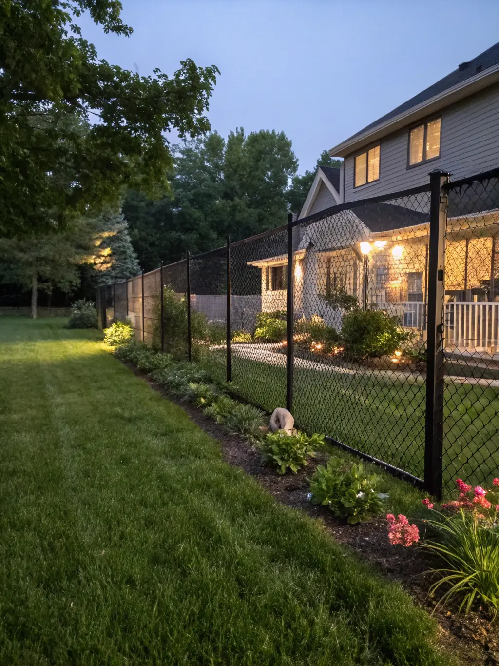 A durable chain-link fence securing a spacious residential property, providing a practical and cost-effective fencing solution.