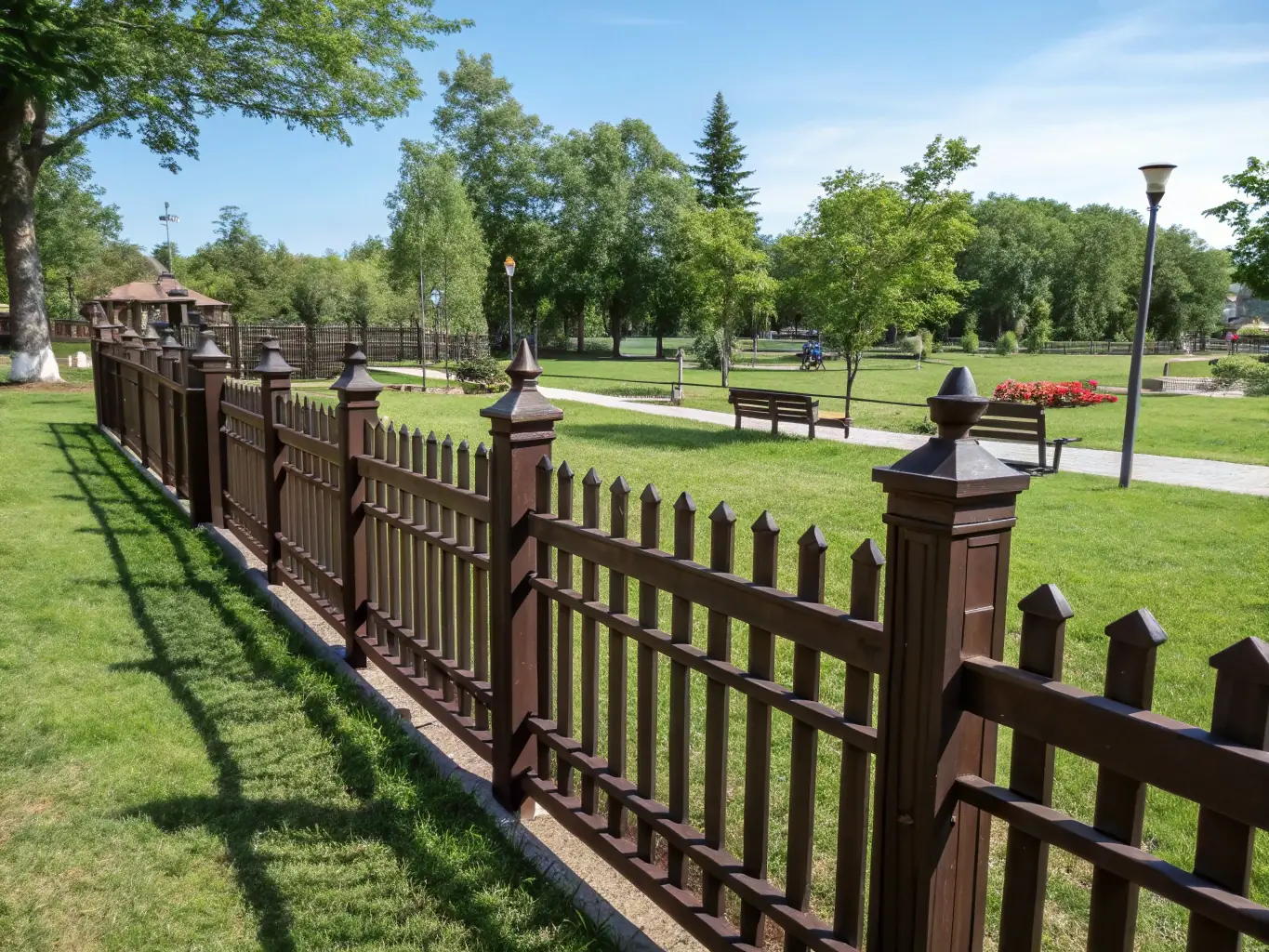 A newly installed wooden privacy fence surrounds a well-manicured backyard, providing a sense of seclusion and security for a residential property.