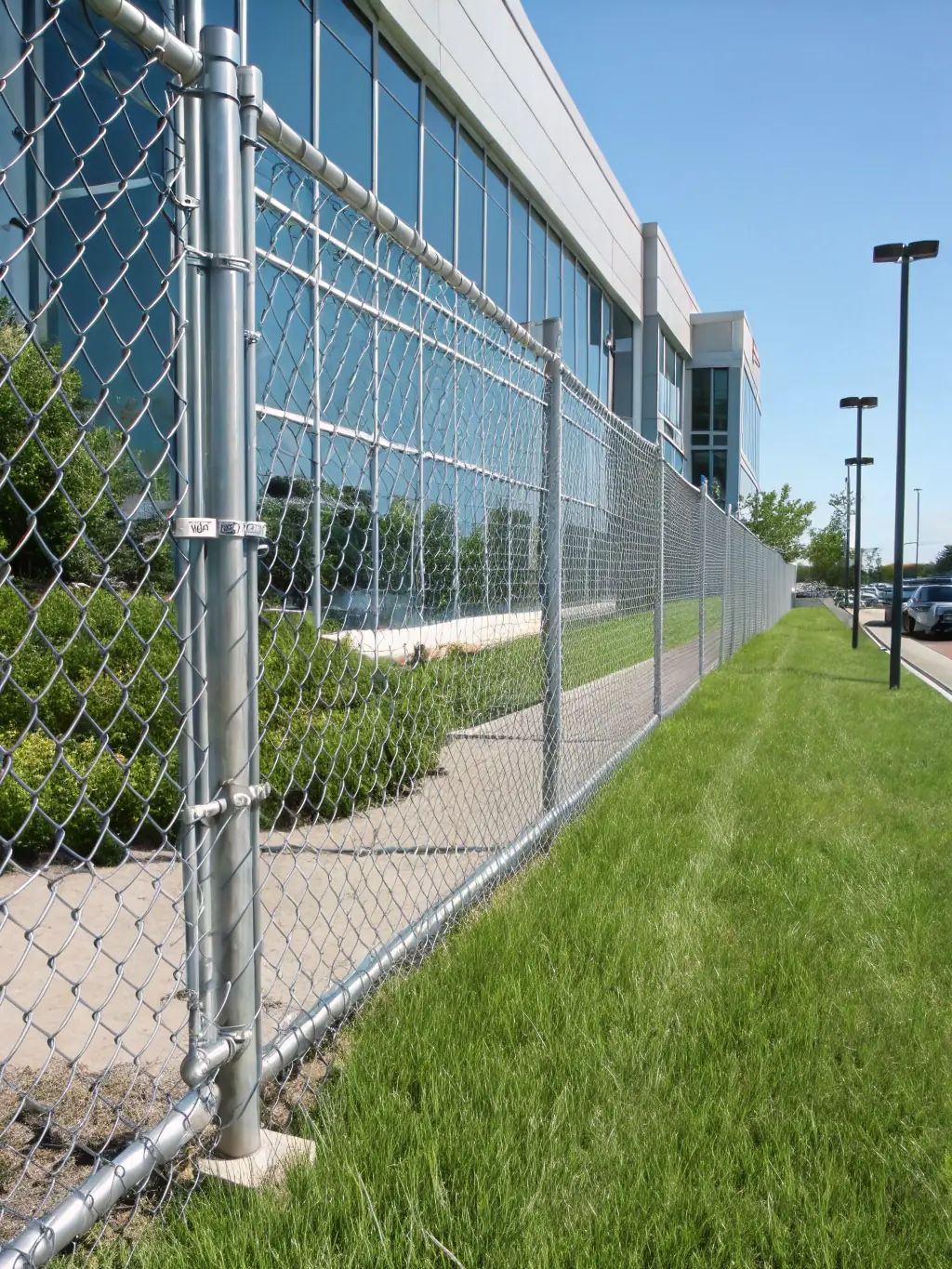 A sturdy chain-link fence surrounding a backyard, providing security and containment for pets and children. The fence is practical and cost-effective.