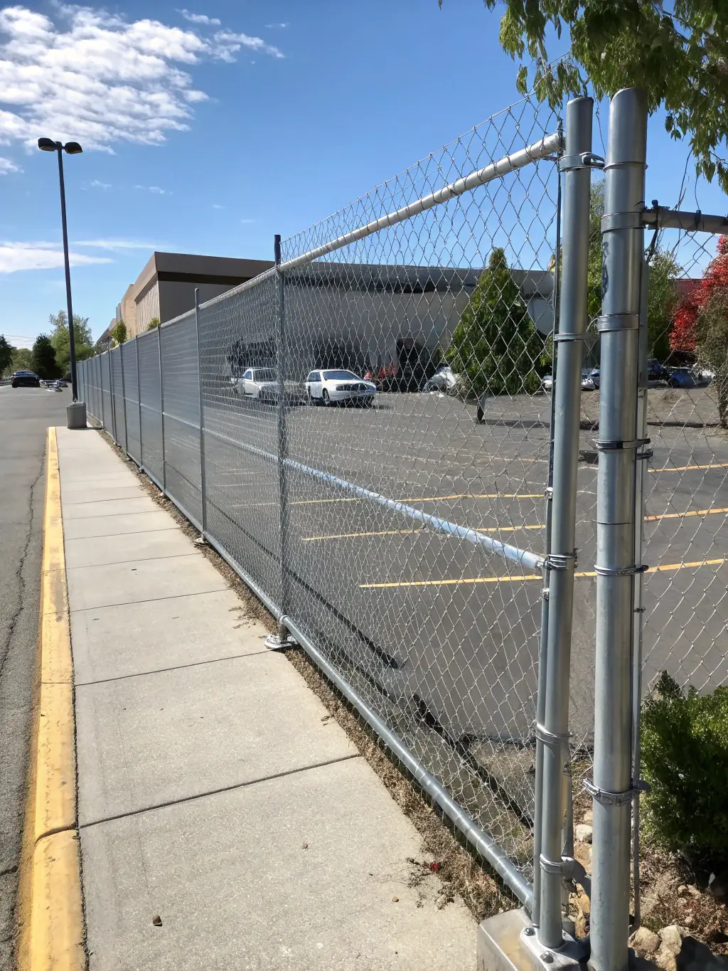 A commercial property secured with a chain-link fence, demonstrating its effectiveness in providing security and clear boundaries.