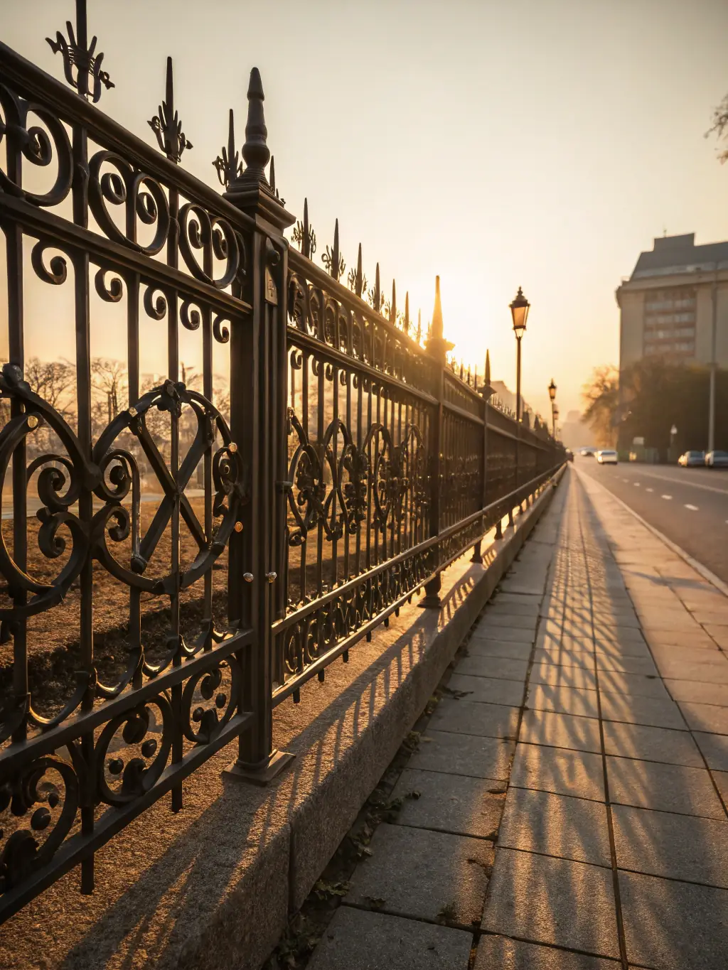A dark-colored ornamental iron fence protecting a business, showcasing its elegant design and robust security features. The fence has decorative posts and a secure gate.