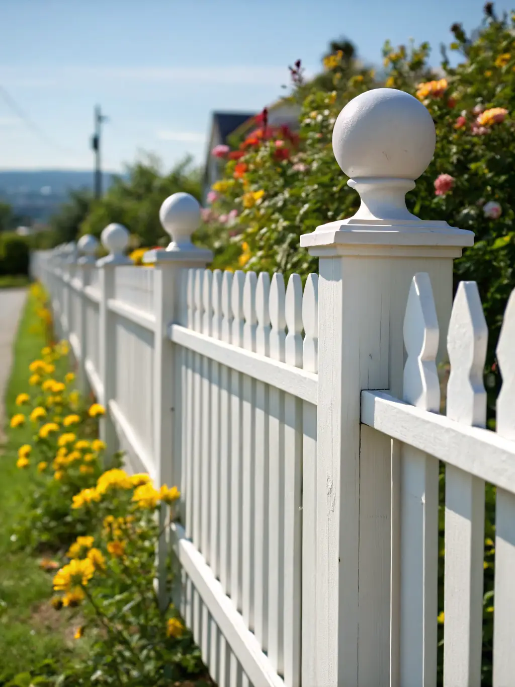 A close-up shot of a newly installed wooden picket fence in a suburban backyard, showcasing the clean lines and natural wood grain. The fence provides a classic and charming boundary for the property.
