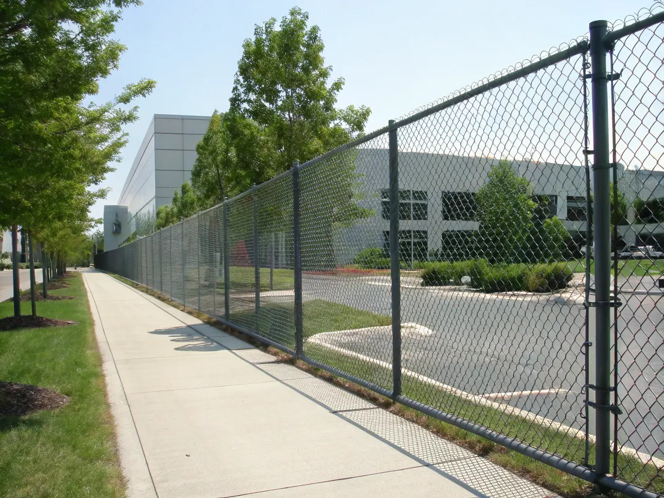 A sturdy chain-link fence encloses a commercial property, providing a secure perimeter and deterring unauthorized access.
